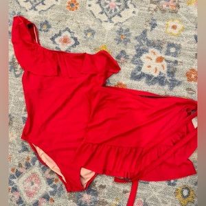 JCrew, red swim set. Both sz LG. NWOT. Smoke and pet free.